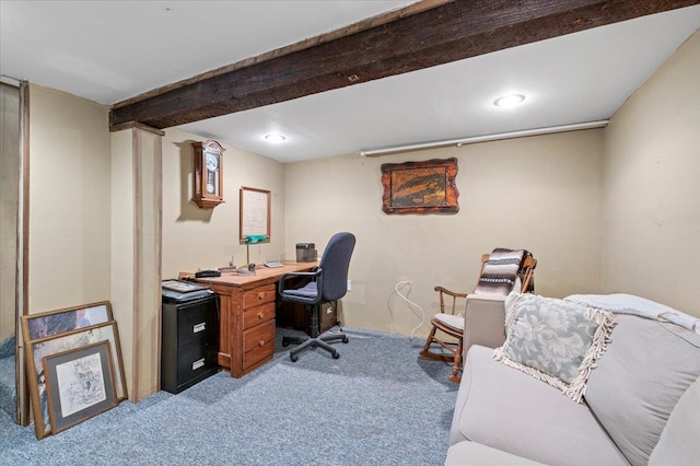 office featuring beam ceiling, recessed lighting, and light carpet