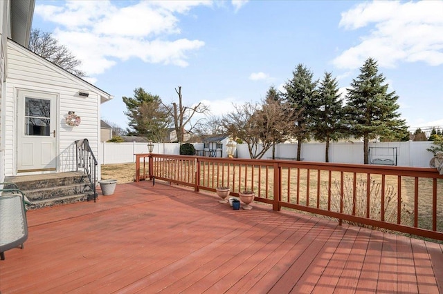 wooden deck with a fenced backyard