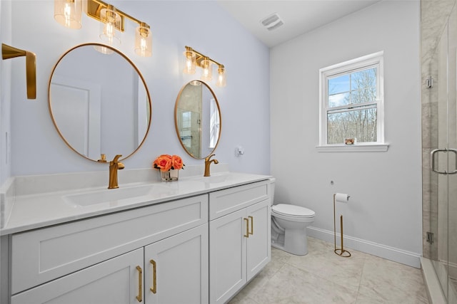 full bathroom featuring visible vents, toilet, a sink, a shower stall, and double vanity