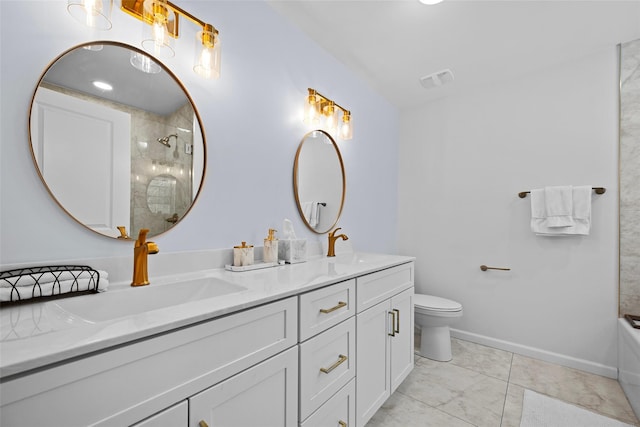 full bath with double vanity, toilet, a shower, and a sink