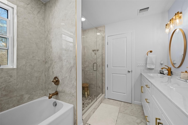 full bath featuring a tub to relax in, visible vents, a shower with shower door, double vanity, and a sink