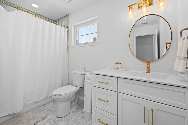 full bathroom featuring vanity, toilet, visible vents, and marble finish floor