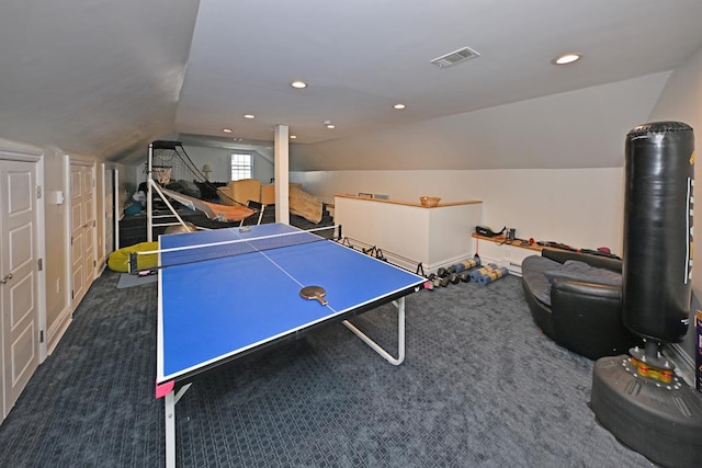 game room featuring carpet floors, lofted ceiling, visible vents, and recessed lighting