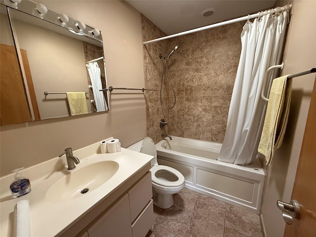 bathroom featuring shower / bath combination with curtain, toilet, and vanity