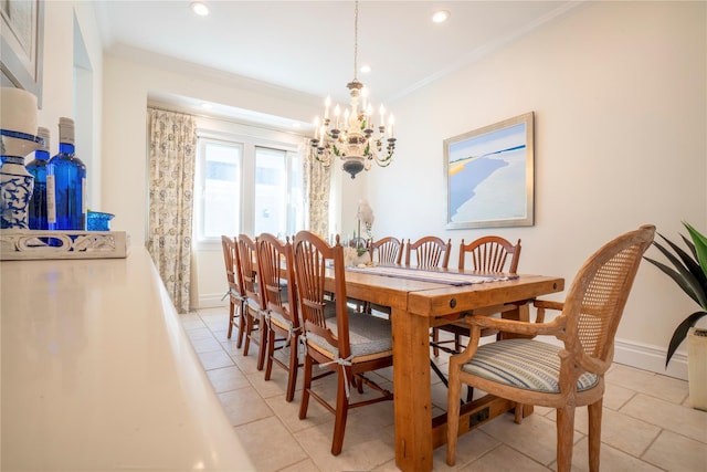 dining space featuring light tile patterned floors, baseboards, an inviting chandelier, recessed lighting, and crown molding