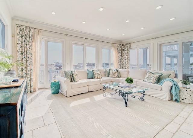 living room featuring light tile patterned floors, recessed lighting, and crown molding