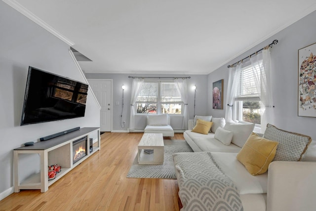 living area featuring baseboards, wood finished floors, and ornamental molding