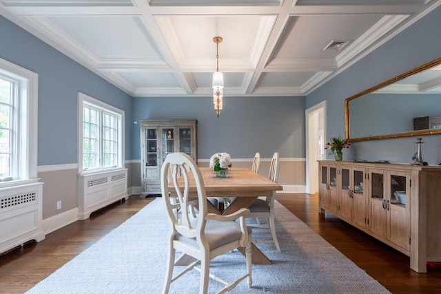 dining area with baseboards, visible vents, coffered ceiling, dark wood-type flooring, and beamed ceiling