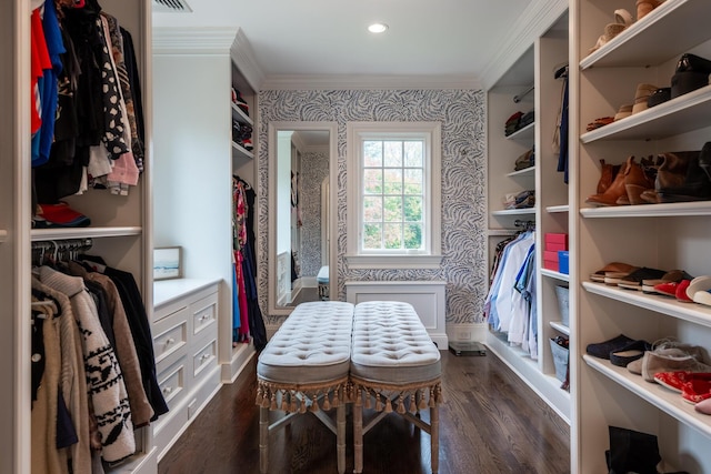 spacious closet featuring dark wood-style floors and visible vents