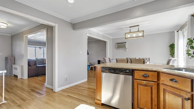 kitchen with brown cabinetry, light wood-style flooring, a sink, stainless steel dishwasher, and crown molding