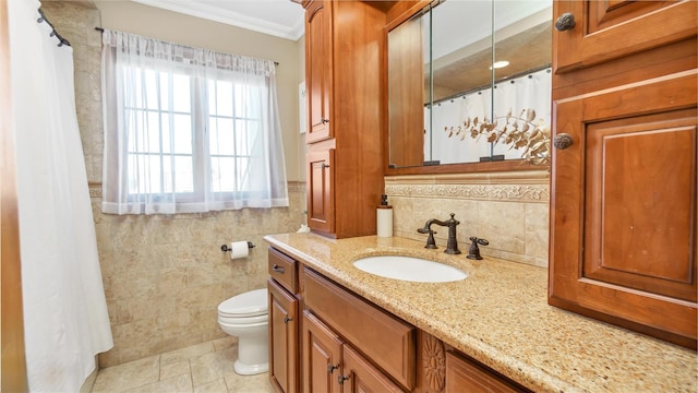 full bath featuring a shower with curtain, toilet, tile walls, crown molding, and vanity