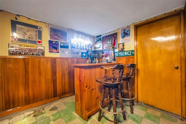 bar featuring tile patterned floors, a dry bar, wood walls, and wainscoting