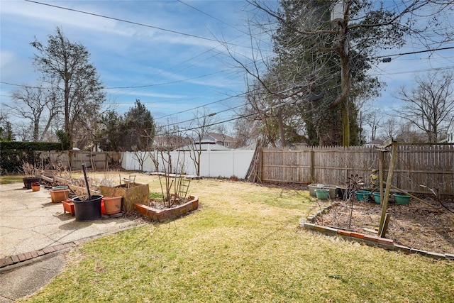 view of yard with a fenced backyard and a vegetable garden