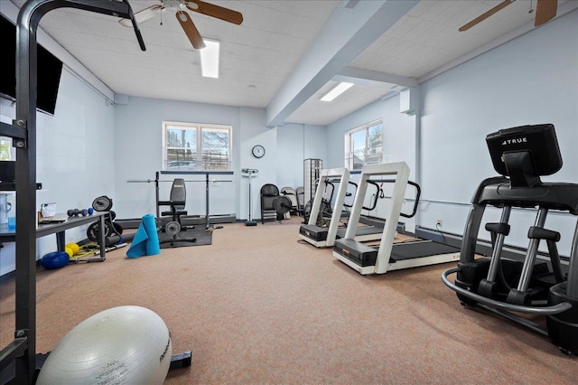 workout area featuring carpet and a ceiling fan