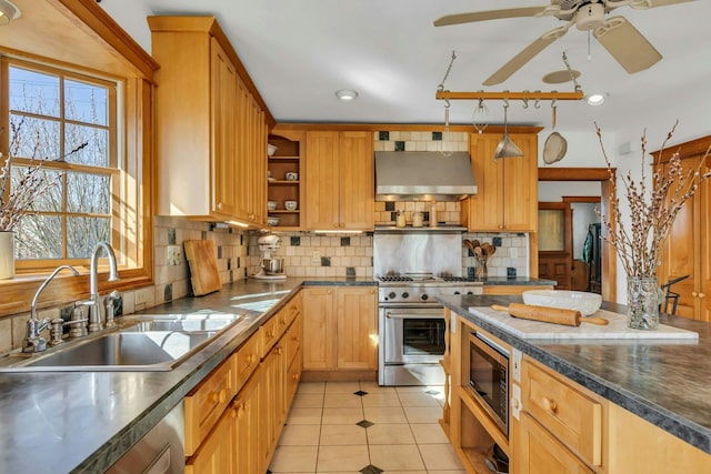 kitchen with a sink, open shelves, under cabinet range hood, stainless steel appliances, and light tile patterned floors