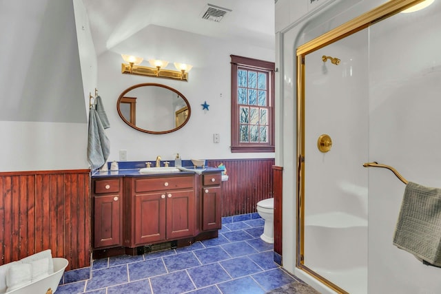 full bathroom featuring visible vents, wood walls, and wainscoting