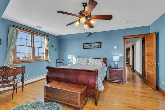 bedroom with visible vents, light wood-style flooring, a ceiling fan, and baseboards