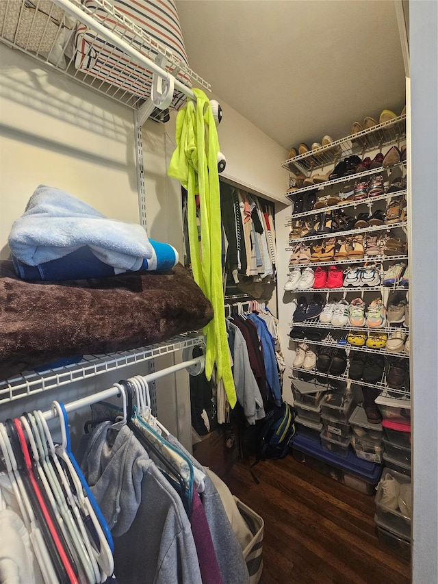 walk in closet with wood finished floors