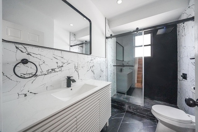 139-19 230th St, Laurelton, NY 11413 - full bath featuring vanity, recessed lighting, toilet, marble finish floor, and a stall shower