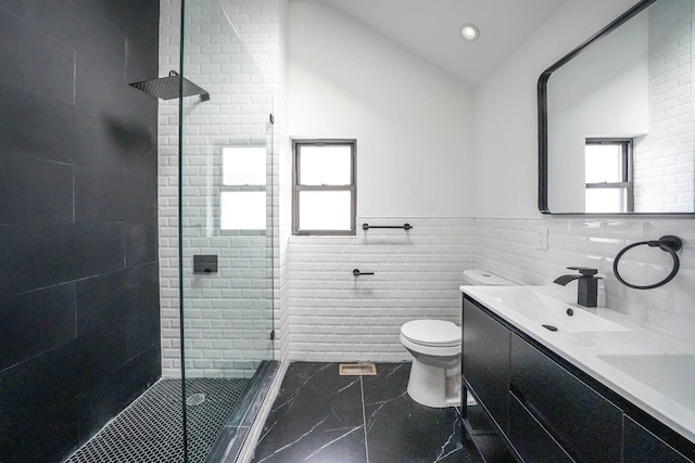 139-19 230th St, Laurelton, NY 11413 - bathroom featuring marble finish floor, vanity, a stall shower, toilet, and tile walls