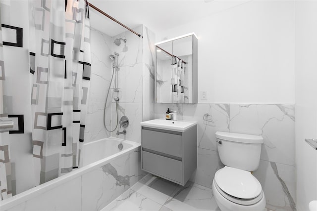 bathroom with marble finish floor, toilet, vanity, and shower / bathtub combination with curtain