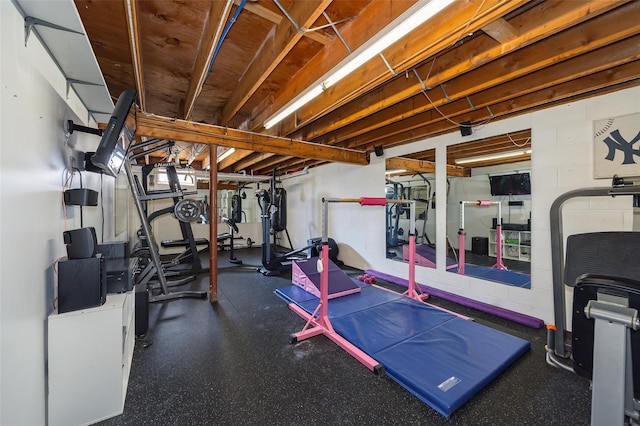 exercise room with concrete block wall