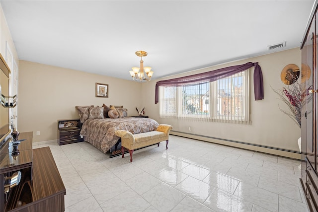 bedroom featuring a baseboard radiator, baseboards, visible vents, and a chandelier