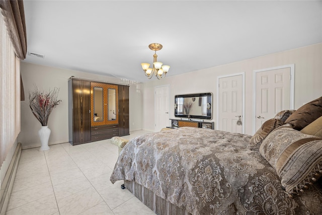 bedroom with visible vents, a baseboard heating unit, multiple closets, light tile patterned floors, and an inviting chandelier