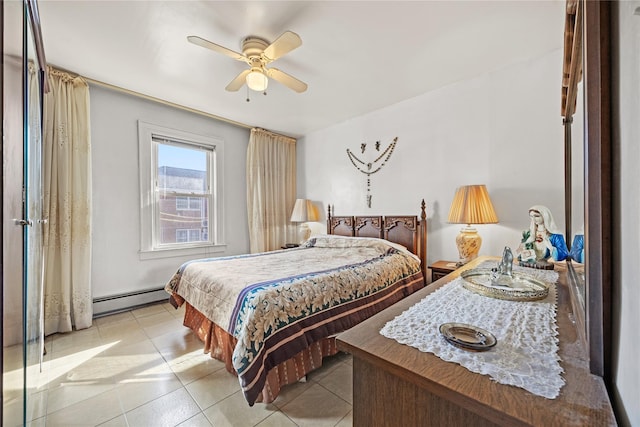 bedroom with light tile patterned floors, a ceiling fan, and baseboard heating