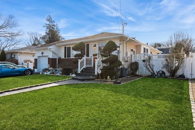 single story home featuring a front yard, a garage, fence, and brick siding