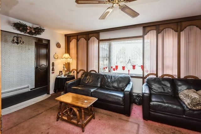 living area with carpet flooring, a ceiling fan, and a baseboard radiator