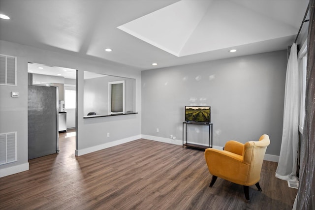 sitting room with recessed lighting, visible vents, baseboards, and dark wood-style flooring