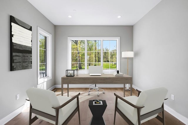 home office with a healthy amount of sunlight, baseboards, and wood finished floors