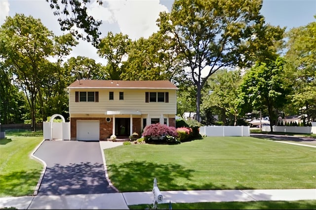 view of front of property with a front lawn, driveway, fence, an attached garage, and brick siding