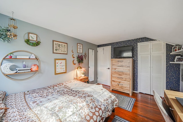 bedroom featuring vaulted ceiling, wood finished floors, and two closets