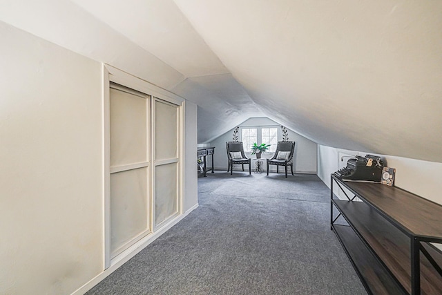 interior space with lofted ceiling and carpet flooring