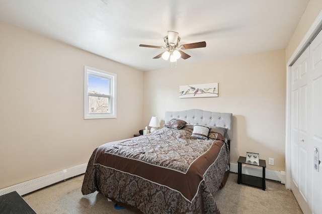 carpeted bedroom featuring baseboards, a closet, baseboard heating, and ceiling fan