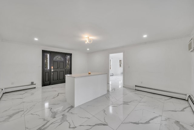 unfurnished room with recessed lighting, marble finish floor, crown molding, and a baseboard radiator