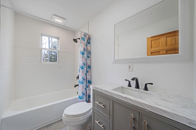 full bath with vanity, shower / bath combination with curtain, and toilet