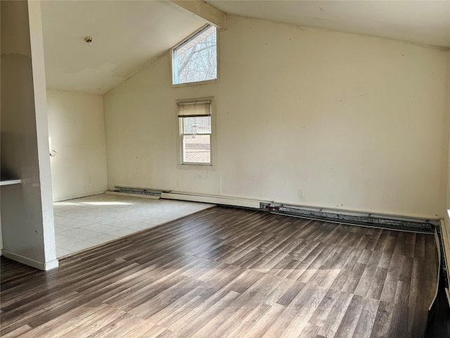 empty room featuring beamed ceiling, high vaulted ceiling, and wood finished floors