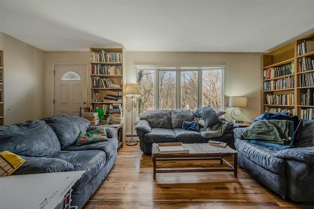 living room with built in features and wood finished floors