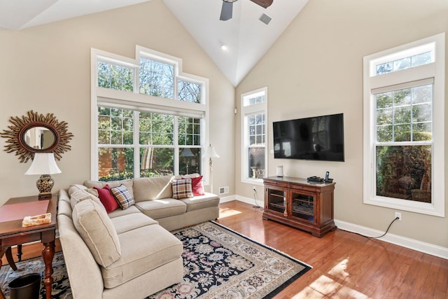 living area featuring wood finished floors, a healthy amount of sunlight, visible vents, and high vaulted ceiling