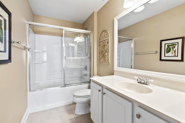 bathroom with tile patterned floors, enclosed tub / shower combo, toilet, and vanity