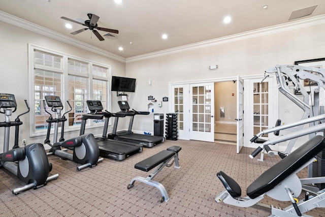 workout area with carpet, crown molding, french doors, and visible vents