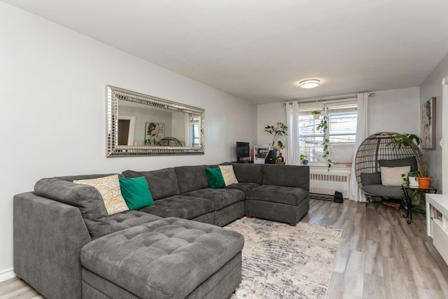 living area with radiator and wood finished floors