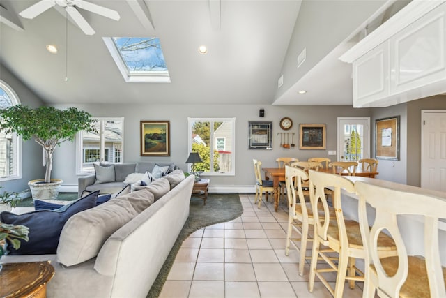 living area featuring light tile patterned floors, plenty of natural light, and a skylight