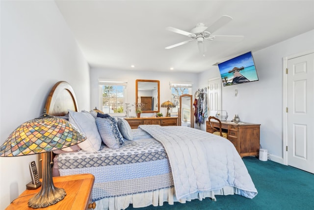 carpeted bedroom featuring recessed lighting, a ceiling fan, and baseboards