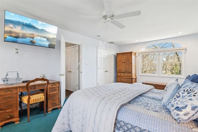 carpeted bedroom with recessed lighting and ceiling fan