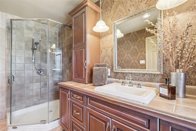 bathroom featuring wallpapered walls, vanity, and a stall shower