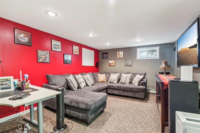 carpeted living room with recessed lighting, a baseboard heating unit, and an accent wall